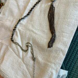 Quartz Crystal Druzy Tassel Necklace Silver Tone Smokey Blue Faceted Glass Beads